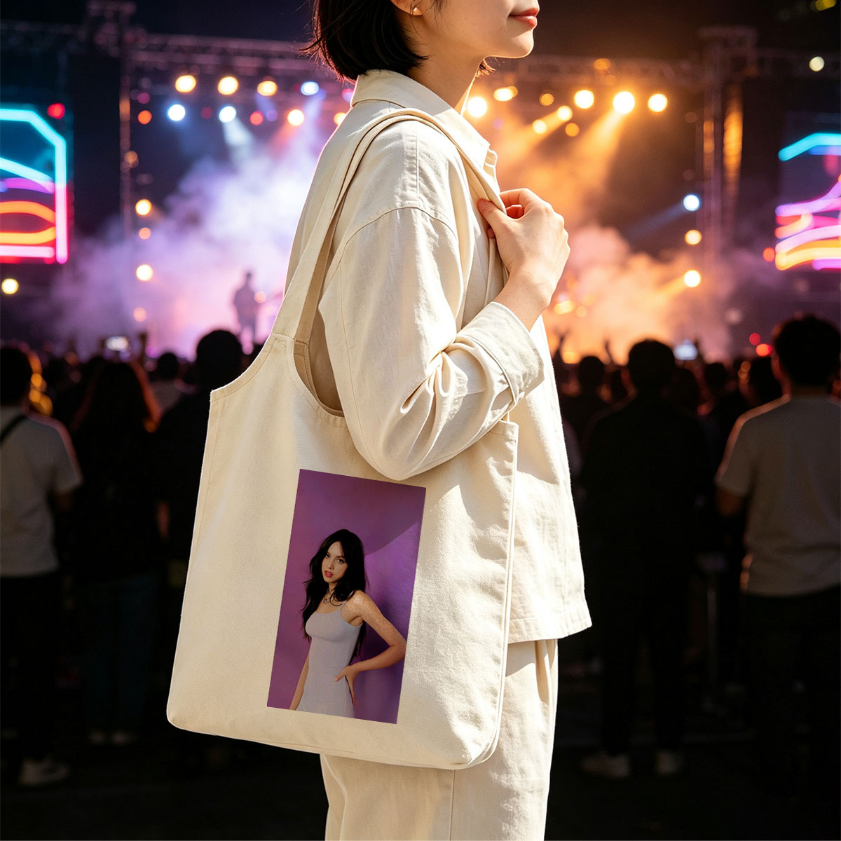 Olivia Rodrigo in a Light Blue Dress Posing Against Purple Background - Canvas shoulder bags/