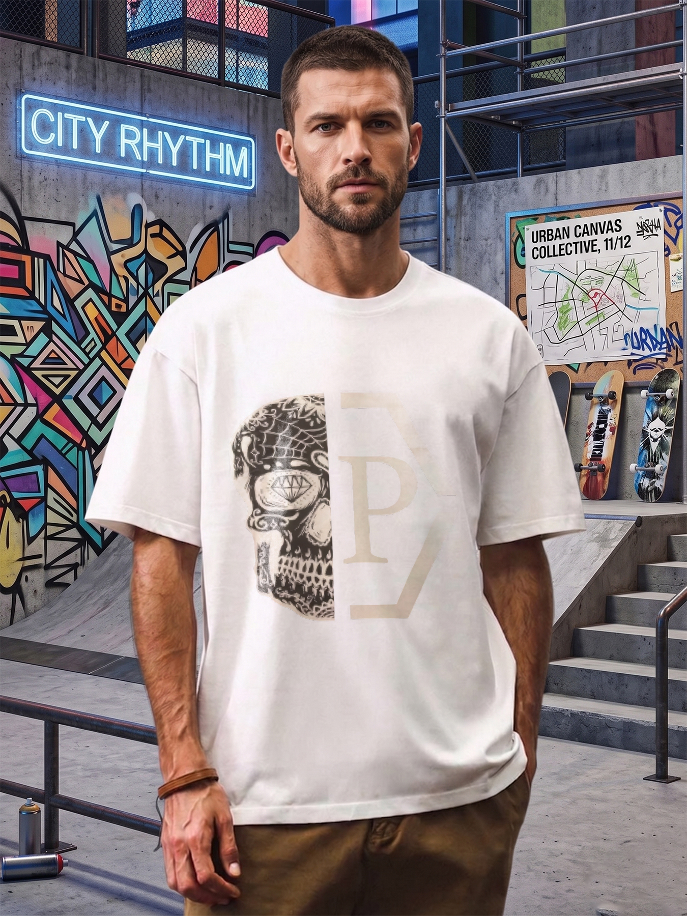 Men's Printed T-Shirt Skull Pattern with Geometric Letter P Design Casual Round Neck Summer Lightweight Breathable Short Sleeve T-Shirt for Urban Streetwear Fashion Lovers and Trendy Adults