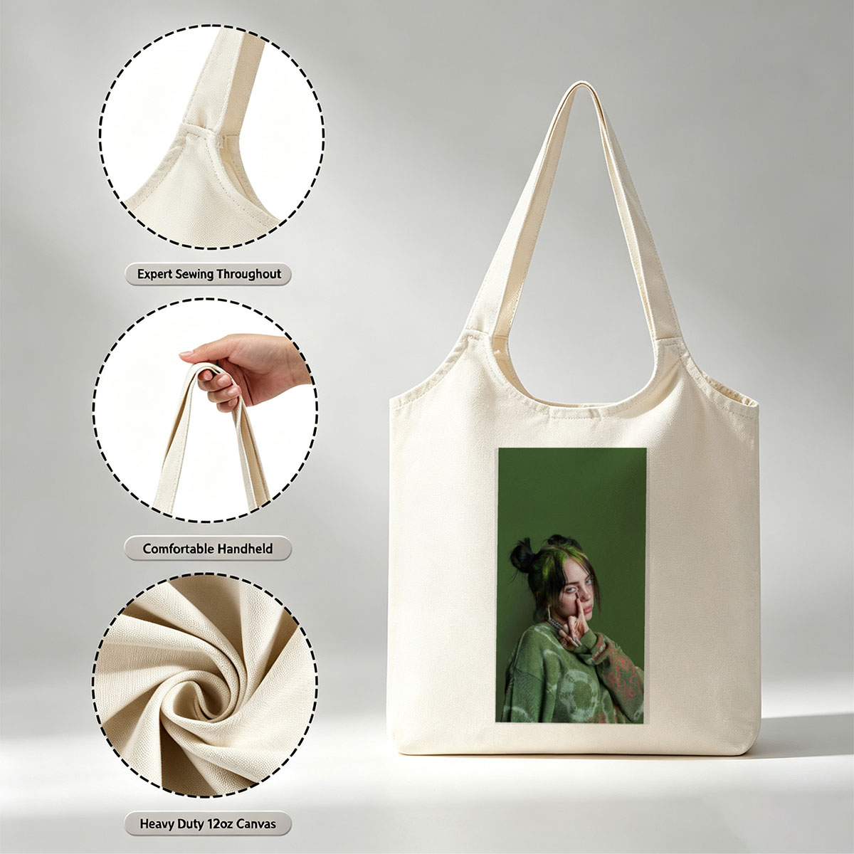 Billie Eilish in Studio Portrait Wearing Green Knit Sweater with Hair in Buns and Fingers on Face - Canvas shoulder bags/