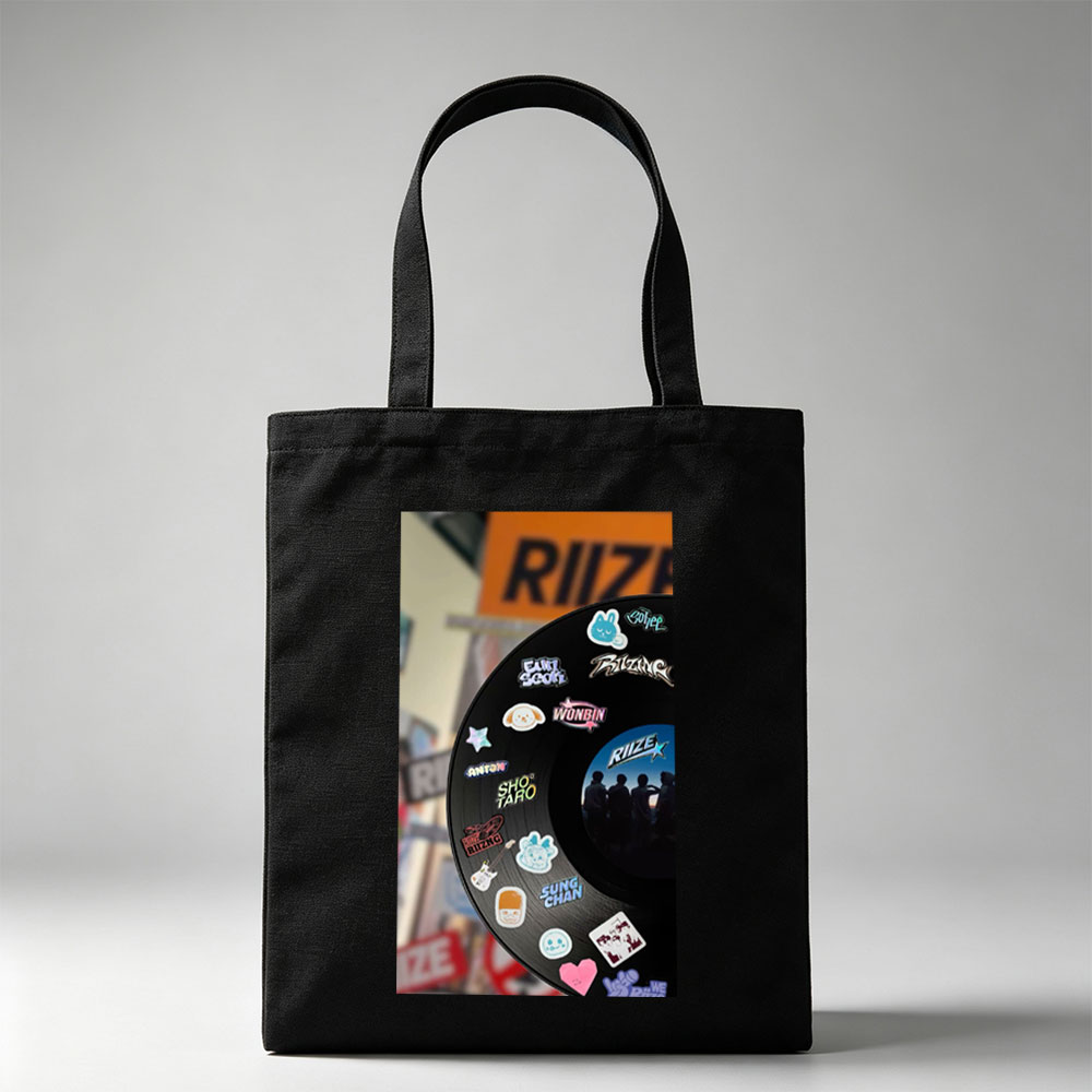 RIIZE Vinyl Record with Member Stickers and Band Logo Displayed in Store Window - Canvas tote bags