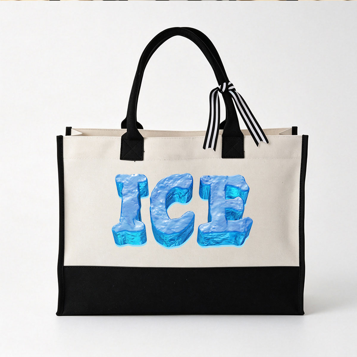 ICE in Frozen Blue Text - Canvas patchwork gift tote bag