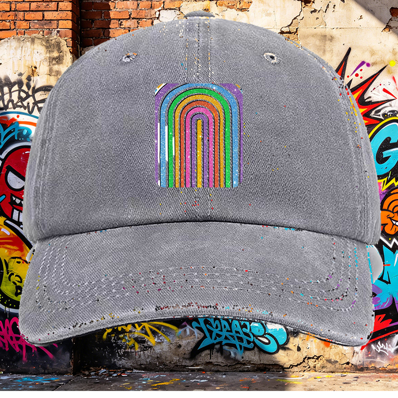 Men's Printed Washed Cap Rainbow Glitter Pattern Casual Round Brim Summer Lightweight Hat for Outdoor Activities and Streetwear Fashion Adults