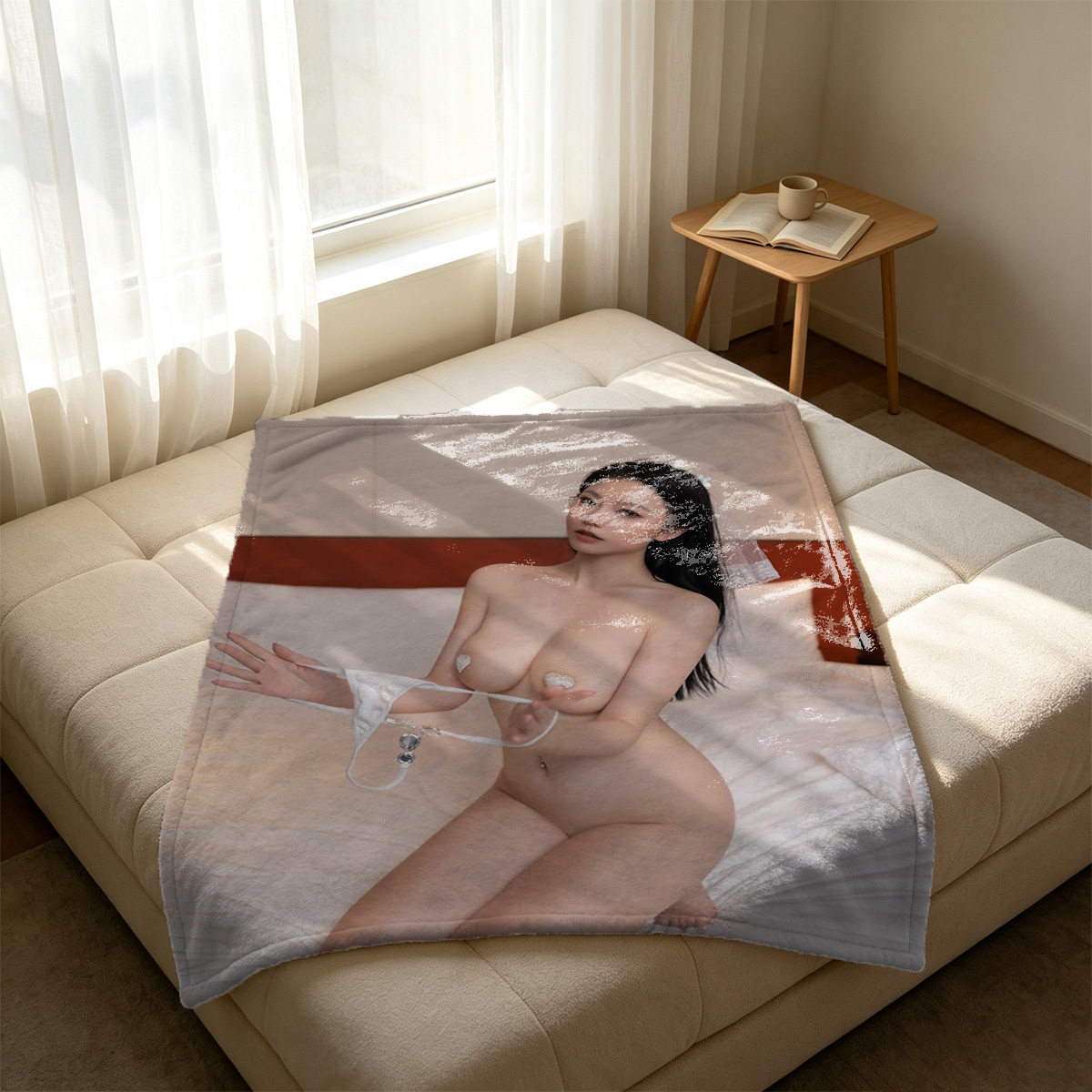 Cosplay Maid in Sheer Black Latex and Stockings Holding Tray - Blanket