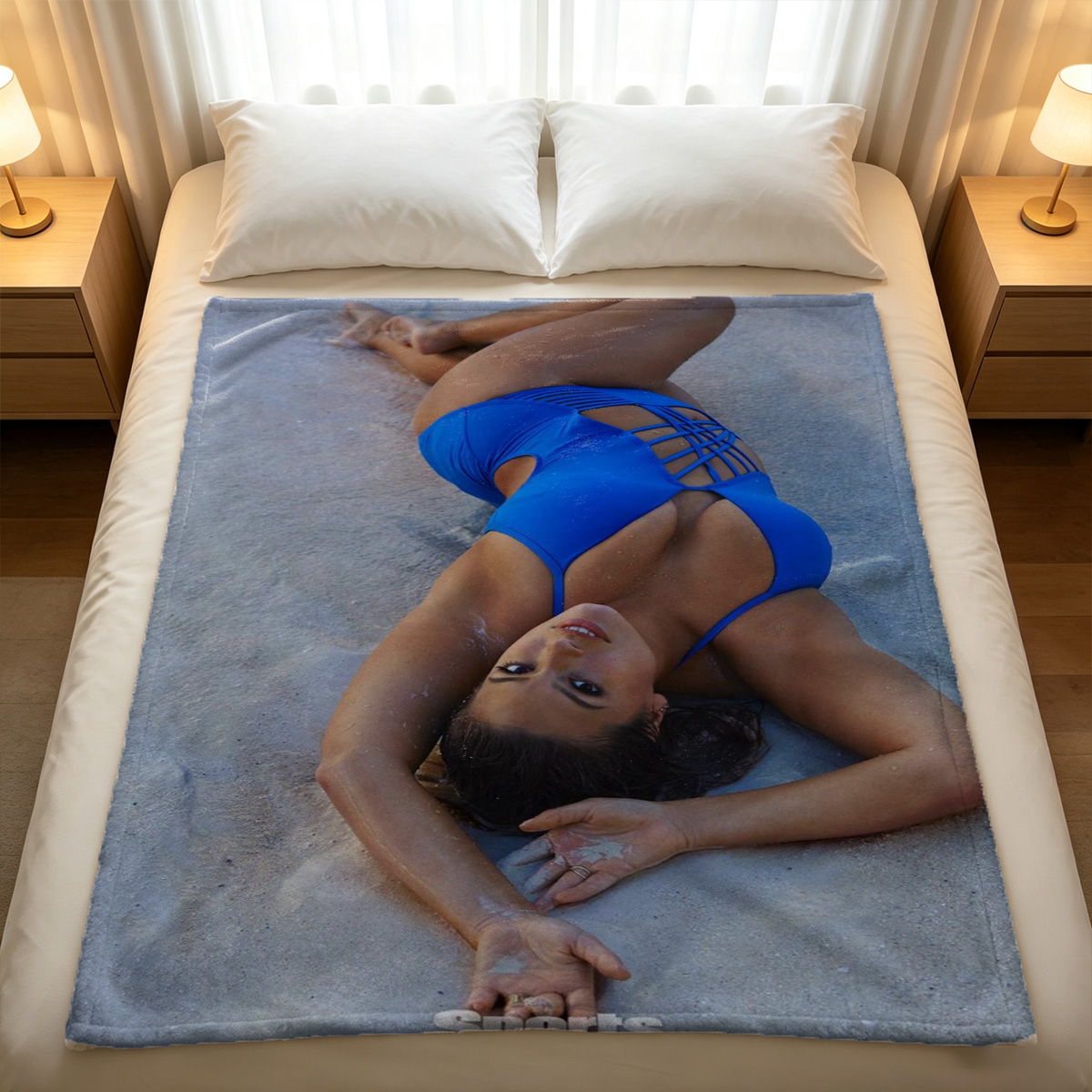 Emily in Black Lingerie on Blue Chair - Blanket