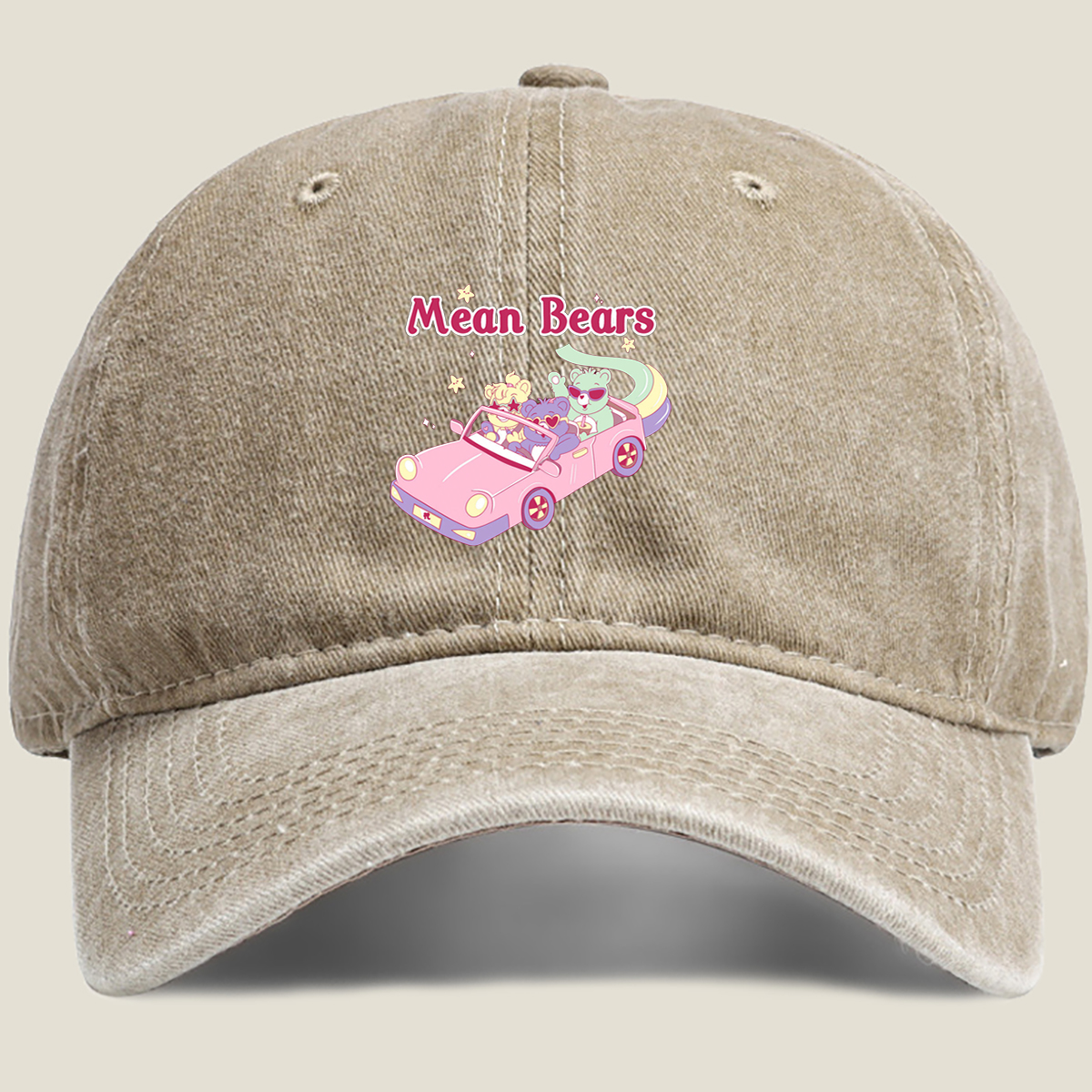 Mean Bears in a Pink Car with Three Cute Characters - Washed Denim - Baseball Cap