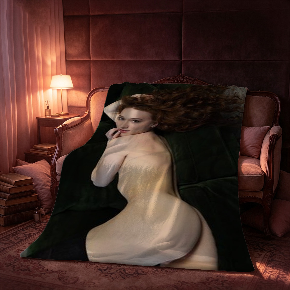 Nude Brunette Posing Seductively on Pink Sofa - Blanket