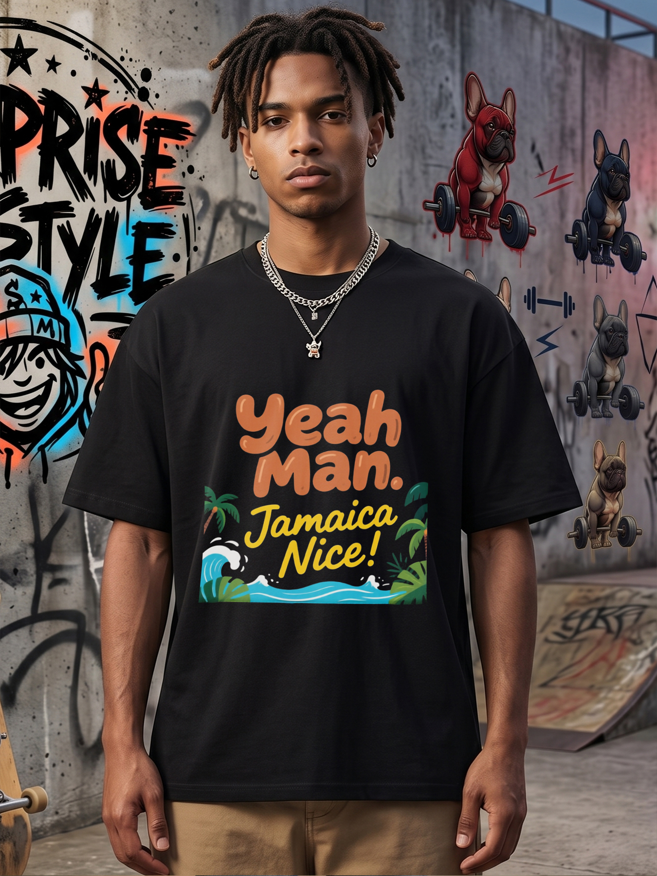 Men's Printed T-Shirt Yeah Man Jamaica Nice Tropical Palm Tree Wave Design Casual Round Neck Summer Lightweight Breathable Short Sleeve T-Shirt for Beach Vacation Travel Outdoors Men