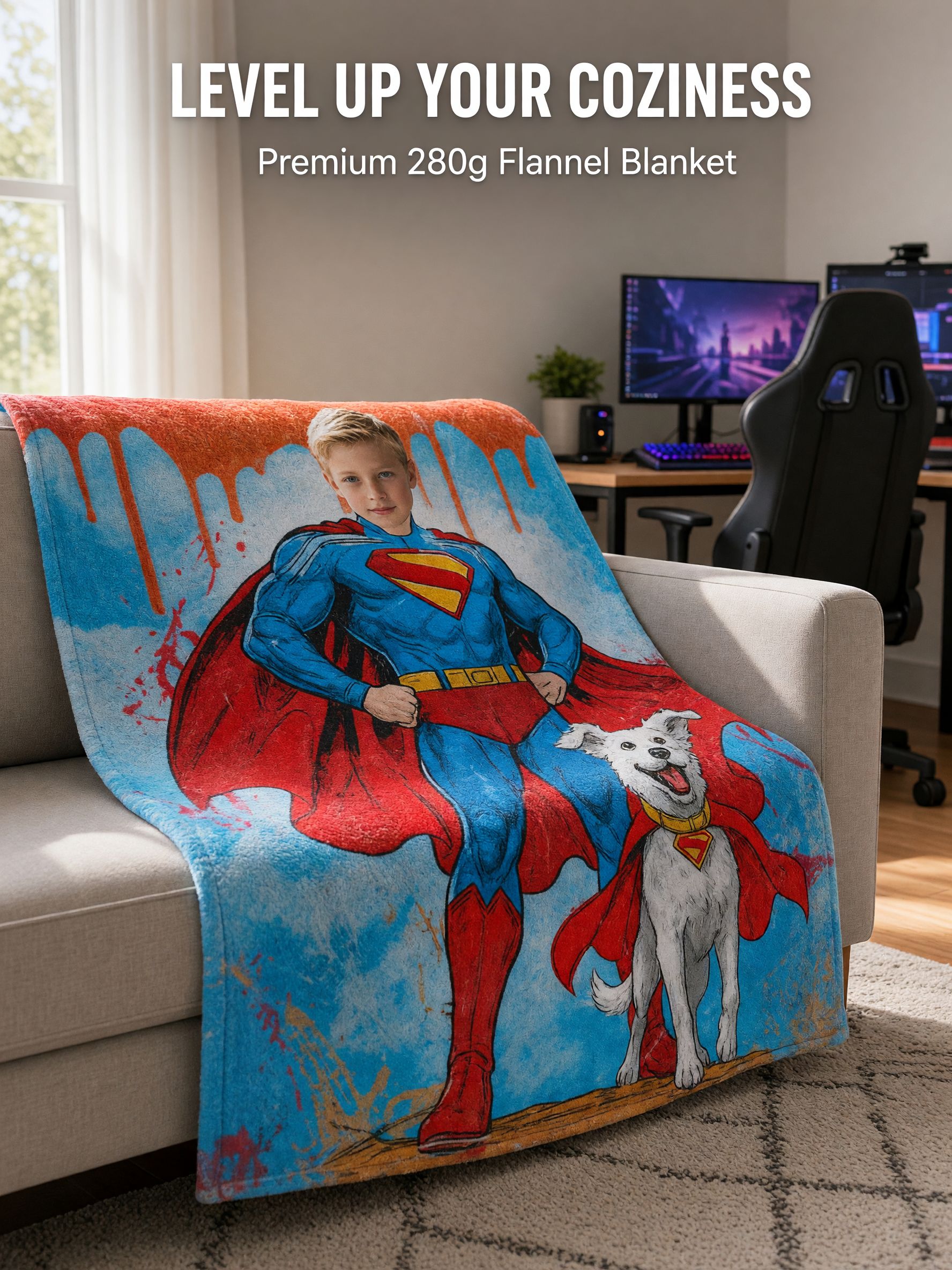 Custom Face Superhero Flannel Fleece Blanket Personalized Hero and Dog Photo Throw Ultra Soft Anti-Pilling Cozy Bedding