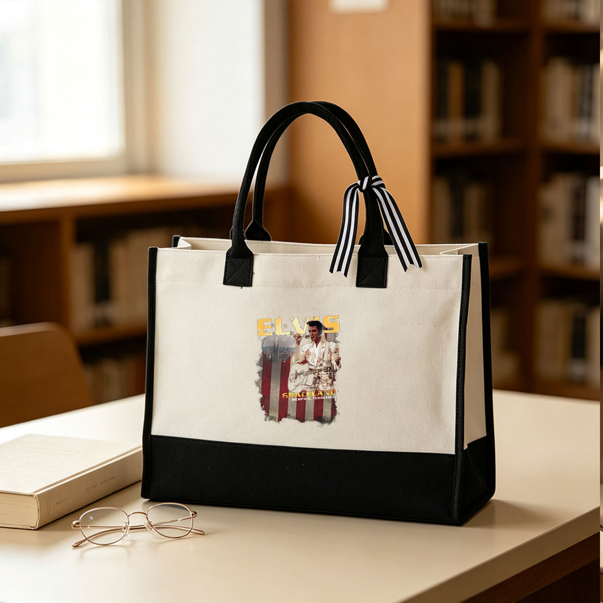 Elvis Presley at Graceland, Memphis, Tennessee - Iconic Performer with Guitar and American Flag Background - Canvas patchwork gift tote bag