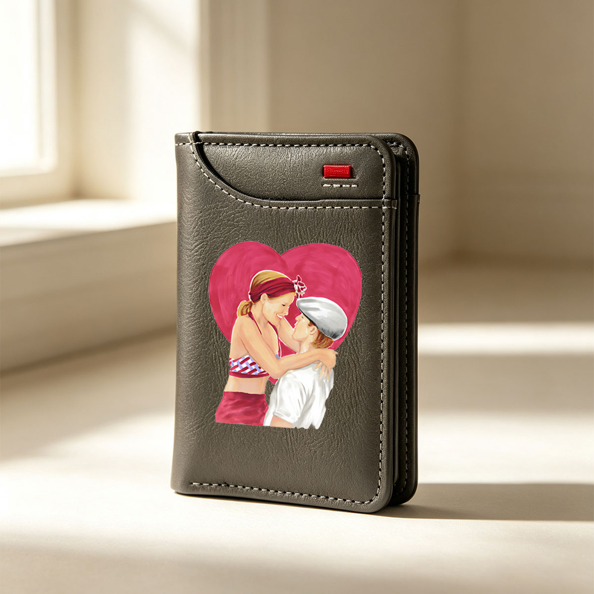 Romantic Couple Embracing in Front of a Heart Background - Vertical Style Wallet