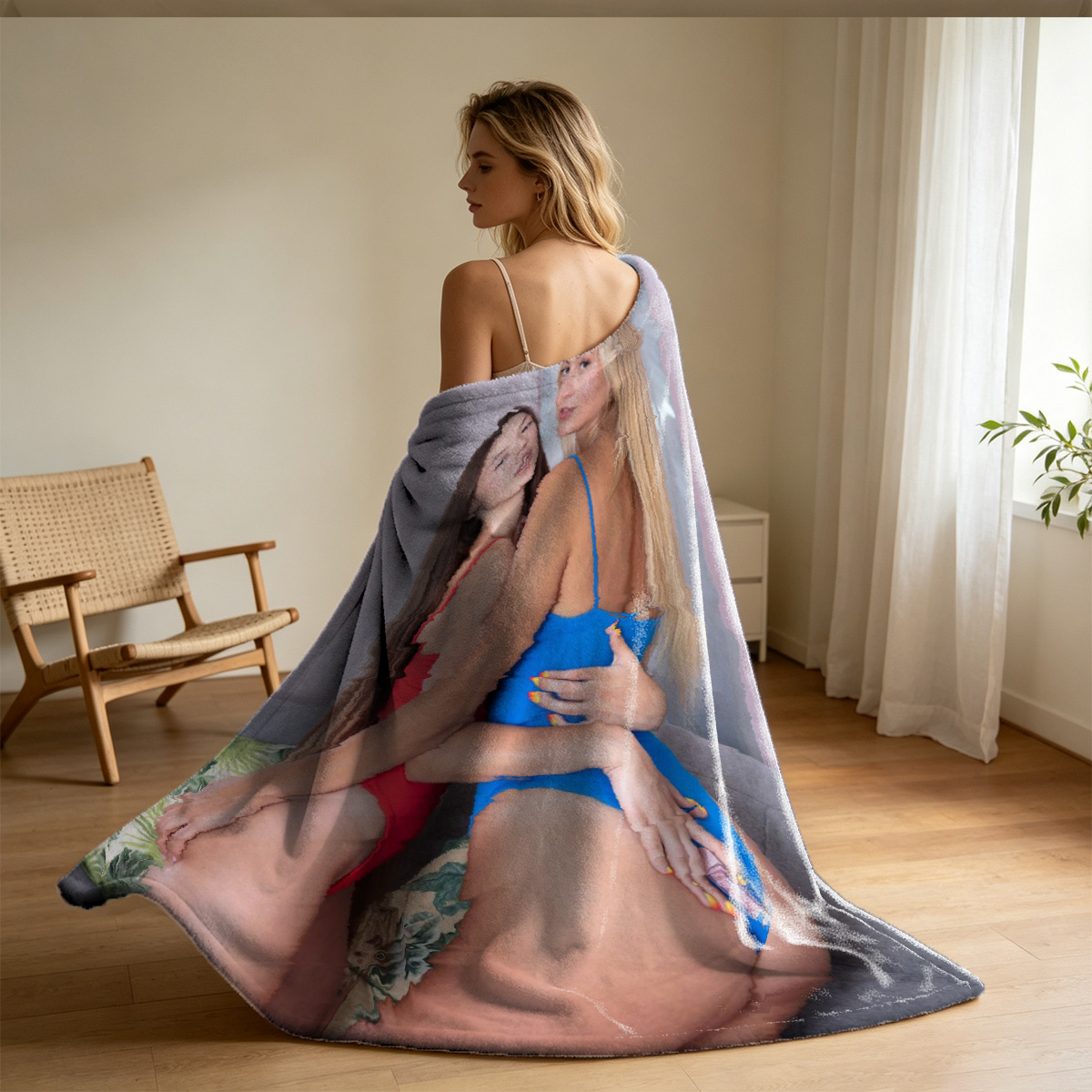 Emma Watson Nude on Leather Couch in Blue Silk Slip - Blanket