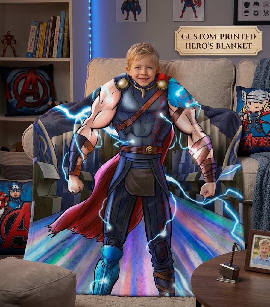 tMarvel Thor Custom Photo Blanket, Personalized Upload Kid Portrait Rainbow Bridge Asgard Fleece Blanket for Bed Couch Kids Gift