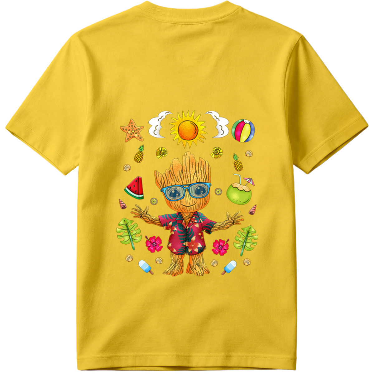 Groot in Hawaiian Shirt with Summer Elements - Tee