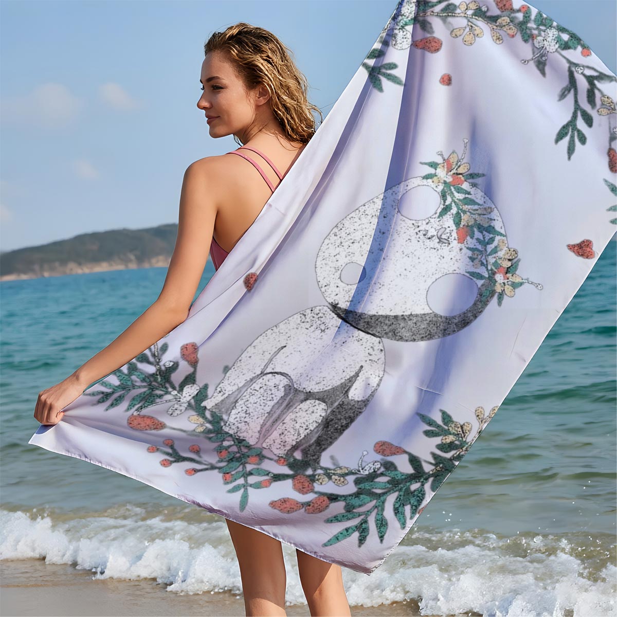 Cute Panda with Floral Crown in Wreath - Beach towels