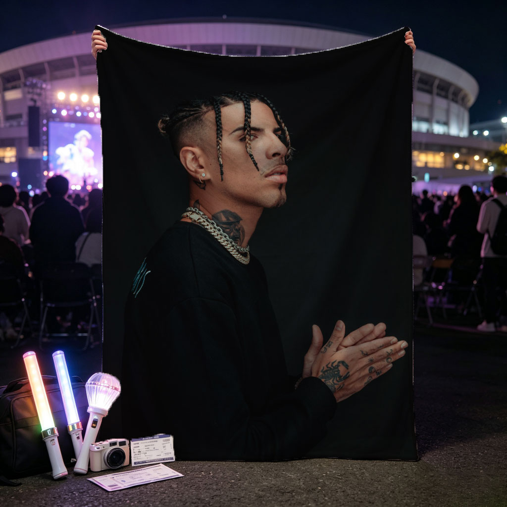 Daddy Yankee in a striking pose with braided hair and tattoos, wearing a black outfit and gold chain against a dark background. - Blankets