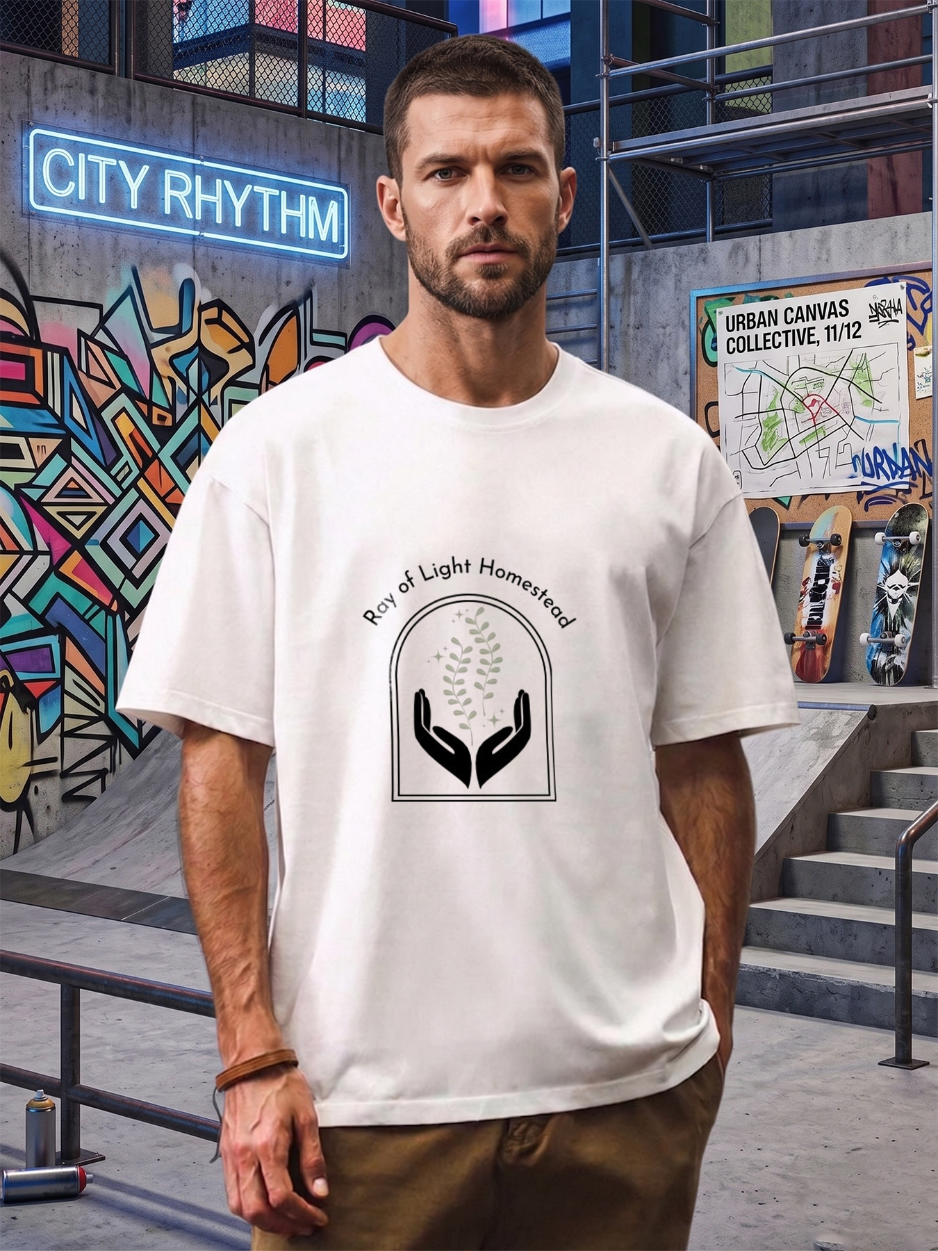 Men's Printed T-Shirt Ray of Light Homestead Hands Holding Plant Design Casual Round Neck Summer Lightweight Breathable Short Sleeve Tee for Outdoor Nature Lovers and Eco-Conscious Adults