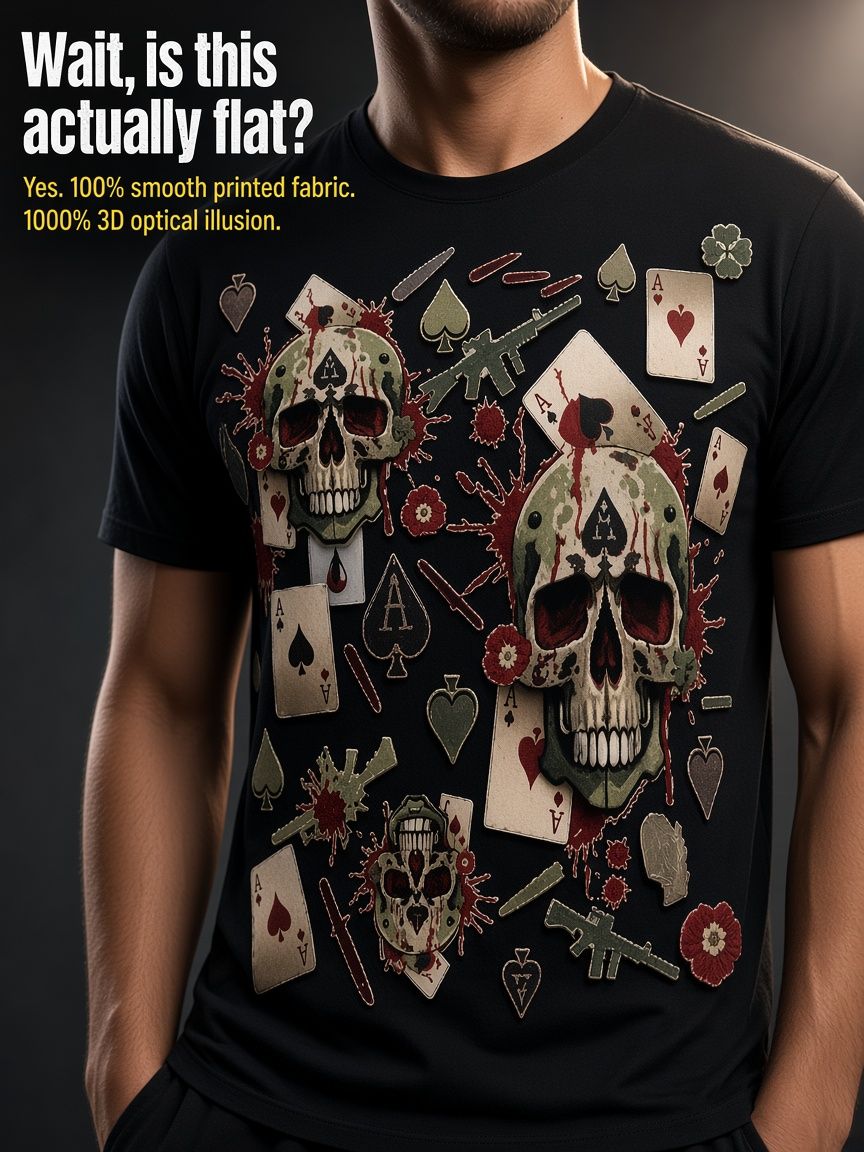 Tactical Skull Poker 3D Optical Illusion Graphic Tee Breathable Athletic Mesh T-Shirt Casual and Sports Wear