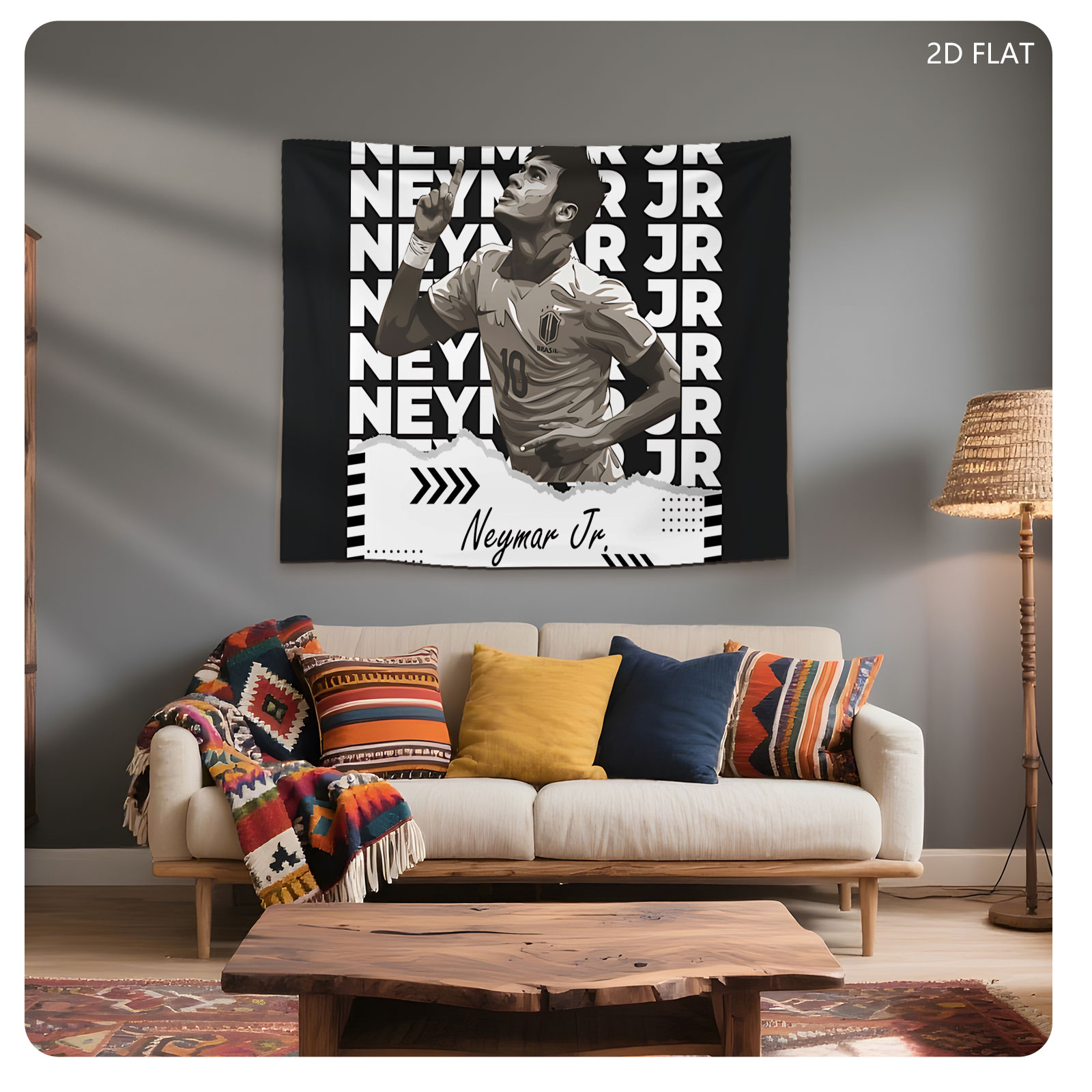 Neymar Jr. in Brazil Jersey, Celebrating Goal, Graphic Design Art - Tapestry