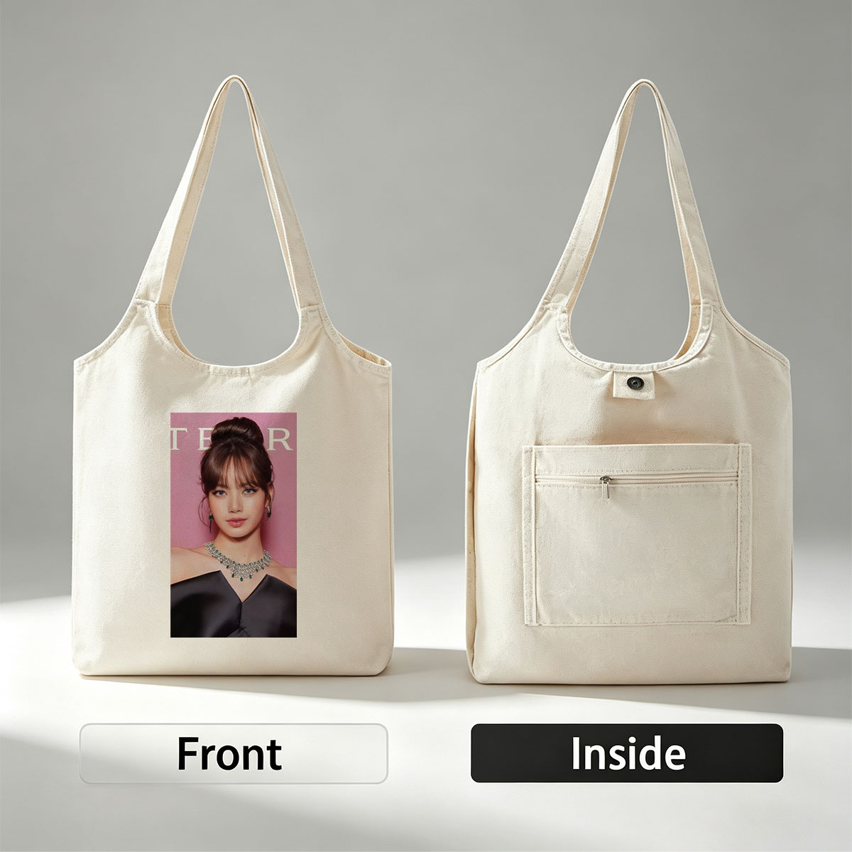 Lisa Blackpink Red Carpet Glamour in Emerald Jewelry and Black Gown - Canvas shoulder bags/