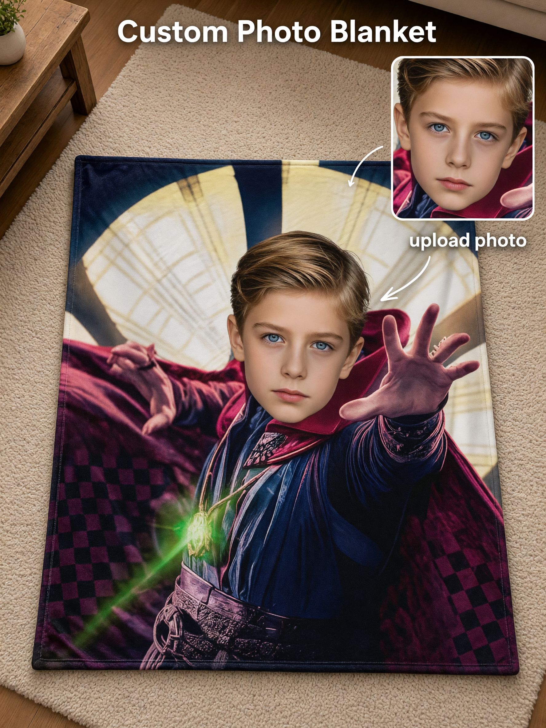 Custom Face Flannel Blanket Personalized Mystic Sorcerer Hero Throw Skin-Friendly Soft Plush Gift for Kids and Boys