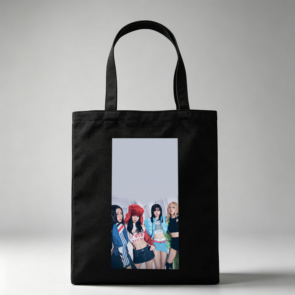 BLACKPINK in a stylish group photo wearing trendy outfits and posing confidently indoors - Canvas tote bags