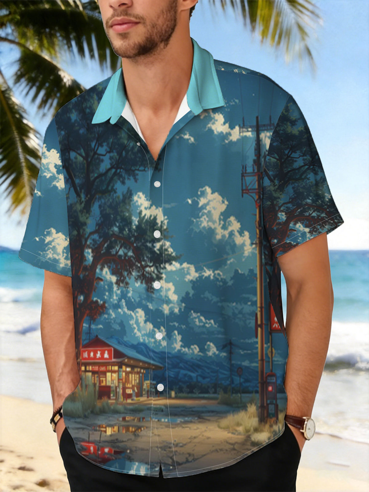 A cozy roadside shop under a vast sky, illuminated by warm lights and framed by a large tree and distant mountains. -  Shirt
