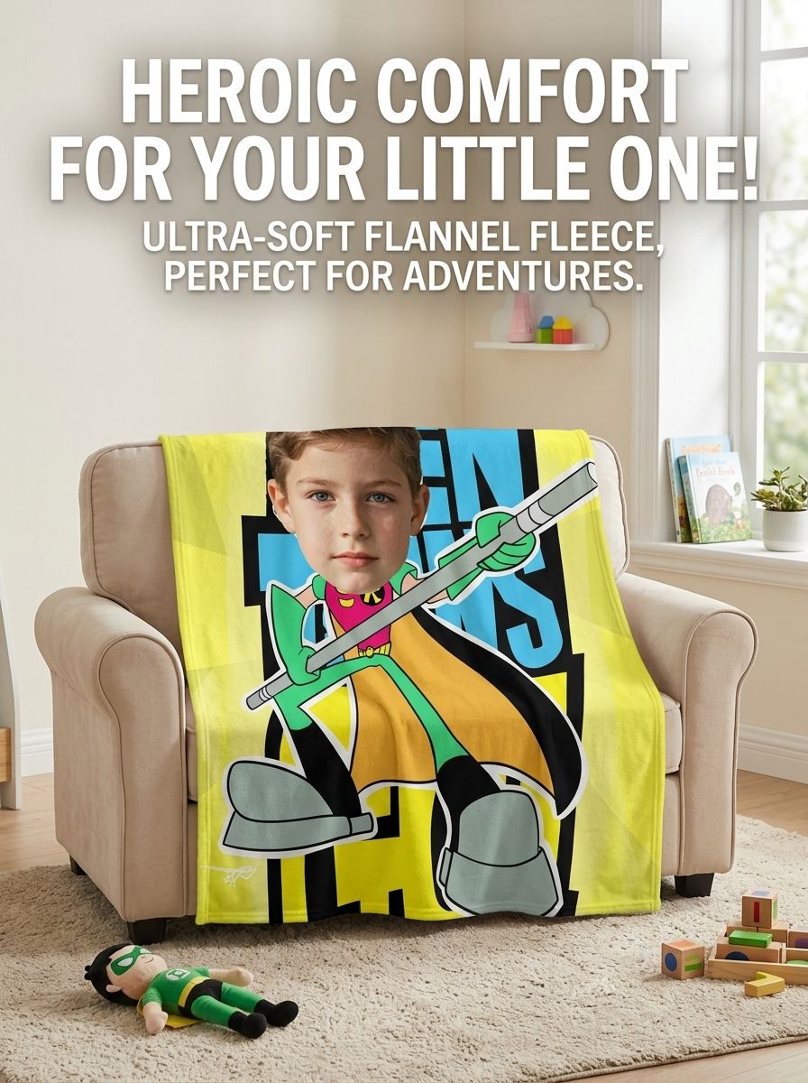 Custom Face Comic Hero Flannel Fleece Blanket, Soft Personalized Photo Throw for Kids and Cozy Living Room Gifting