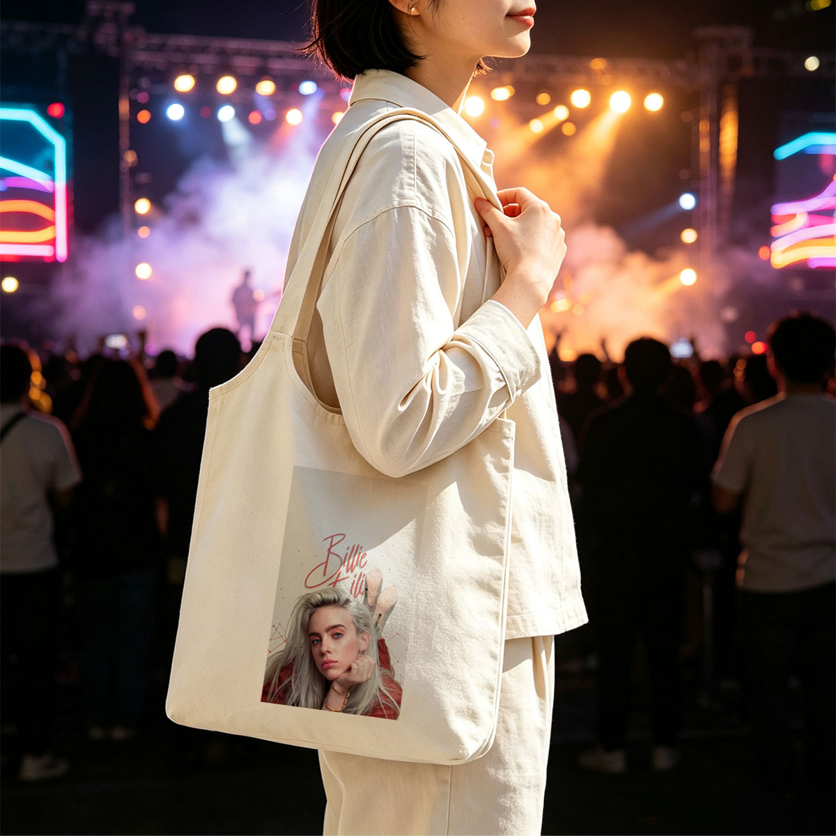 Billie Eilish - Close-Up Portrait with Blonde Hair and Red Outfit - Canvas shoulder bags/