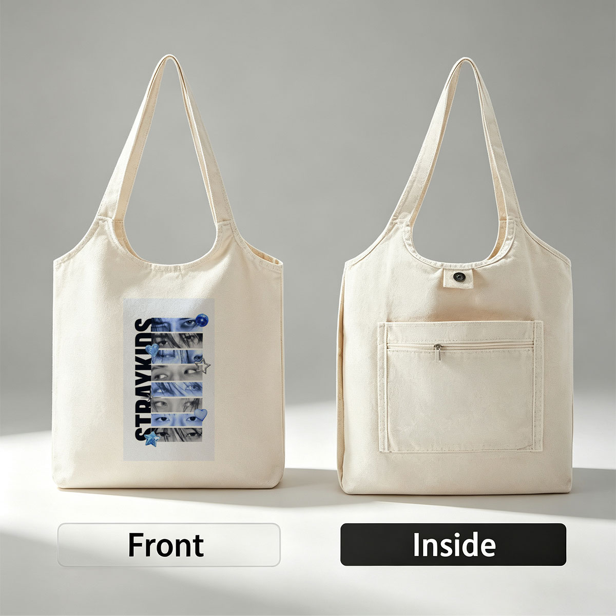 Stray Kids Eyes Close-Up Blue Toned Portrait with Stars and Hearts - Canvas shoulder bags/
