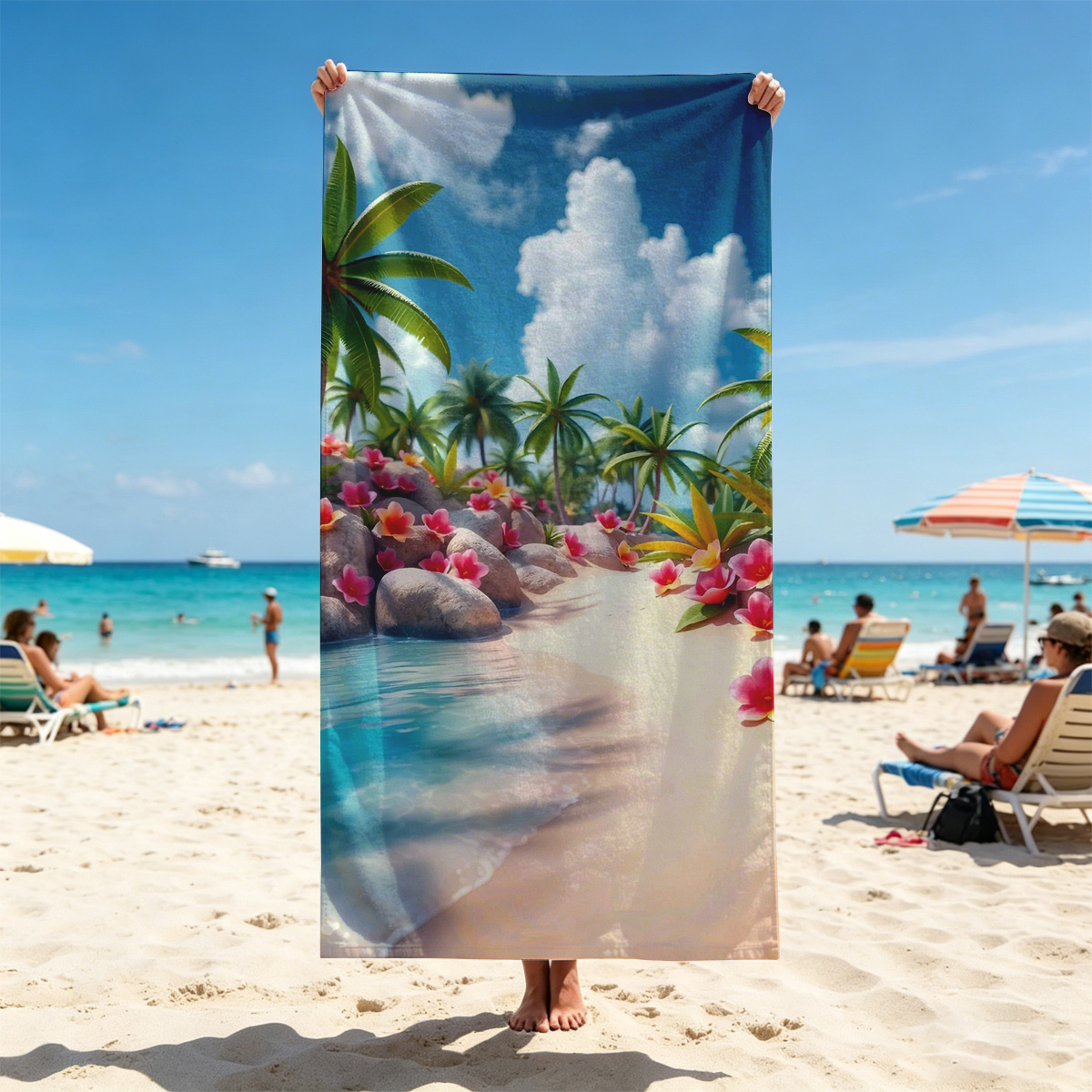 Tropical Beach with Palm Trees and Pink Flowers - Beach towels