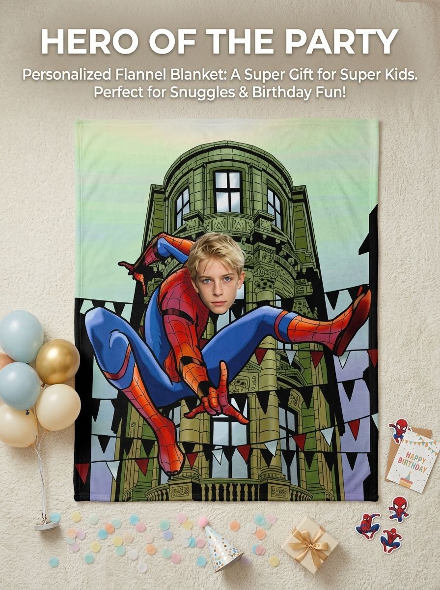Personalized Custom Face Superhero Flannel Fleece Blanket Ultra Soft Lightweight Throw for Couch Bed Travel Keepsake Gift