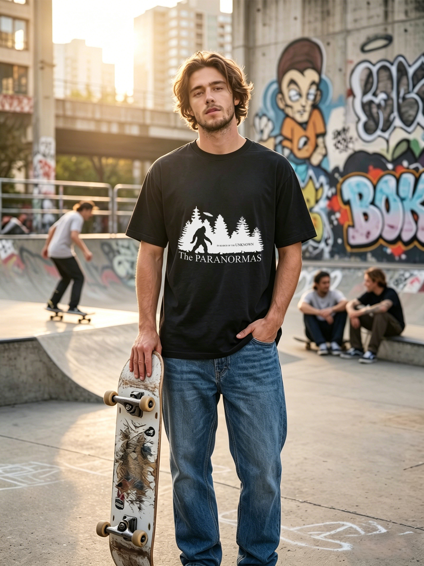 Men's Printed T-Shirt The PARANORMAS Bigfoot UFO Forest Design In Search of the Unknown Casual Round Neck Summer Lightweight Breathable Short Sleeve Tee for Outdoor Adventure Enthusiasts and Mystery Lovers