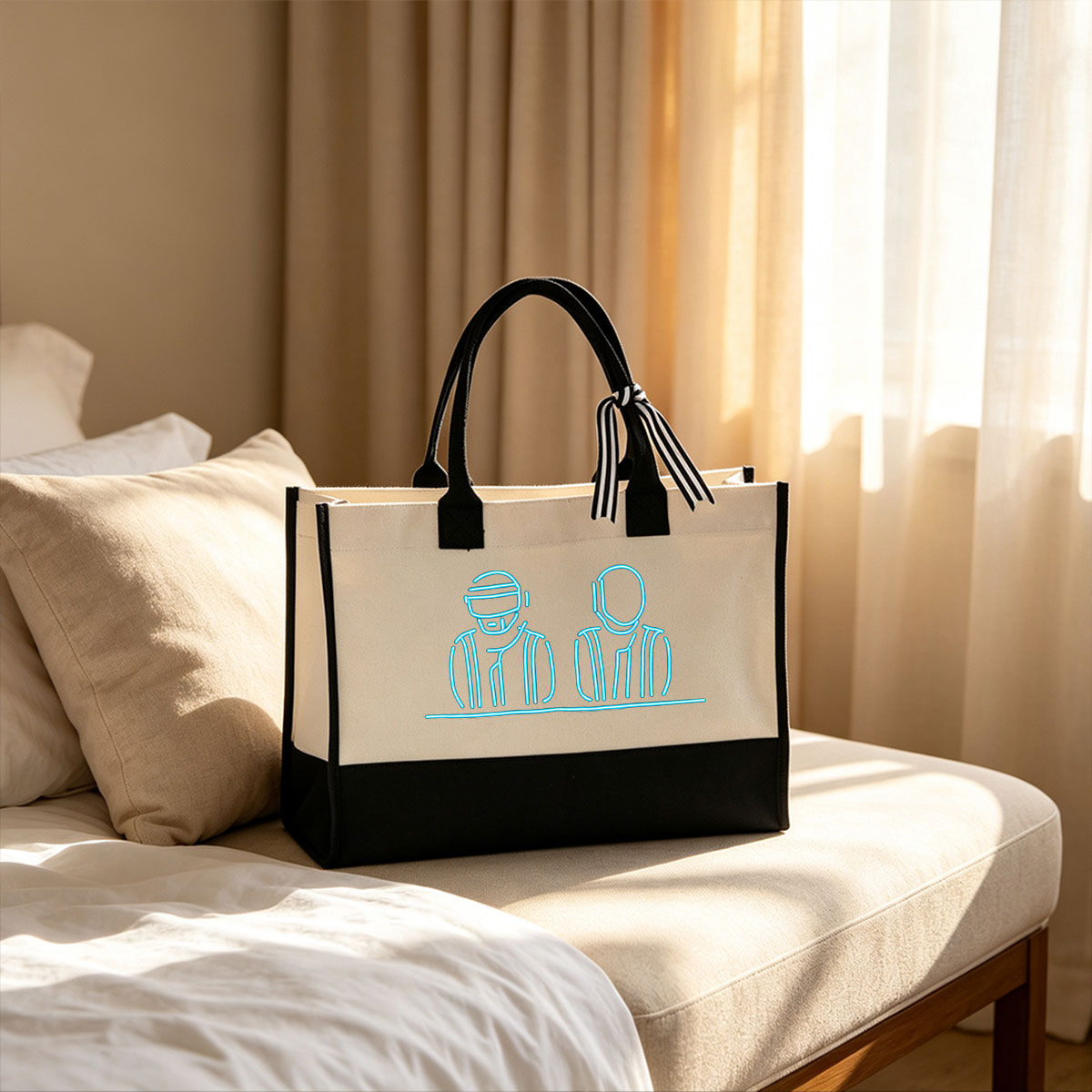 Daft Punk Neon Line Art Portrait - Canvas patchwork gift tote bag
