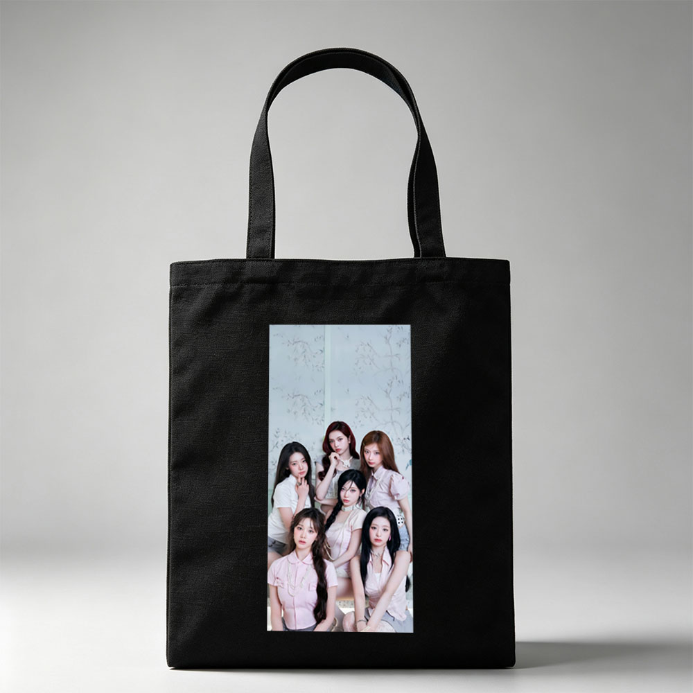 NMIXX Group Portrait in Elegant Pink Outfits Against Floral Background - Canvas tote bags