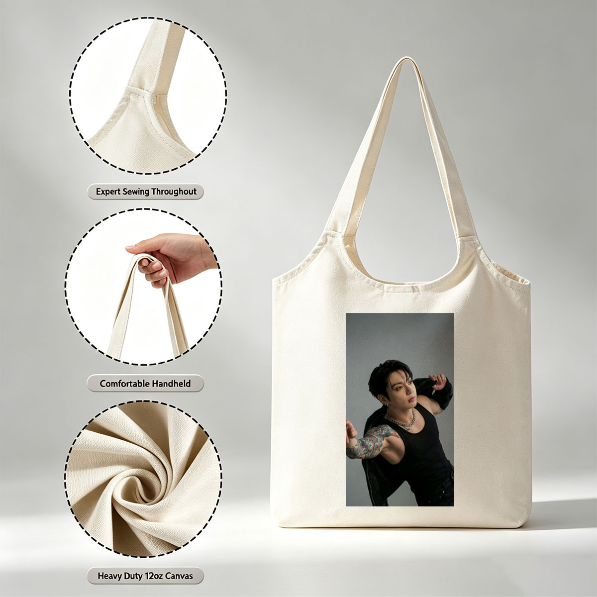 BTS Jungkook in a Powerful Pose with Tattooed Arm and Black Tank Top - Canvas shoulder bags/