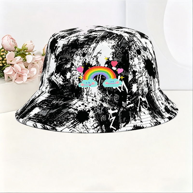 Unisex Classic Graffiti Bucket Hat with Rainbow Clouds and Hearts Print - Perfect for Casual Outings, Beach, Travel, and Daily Wear - Ideal for Youth and Adults Seeking Fun, Colorful Streetwear Style