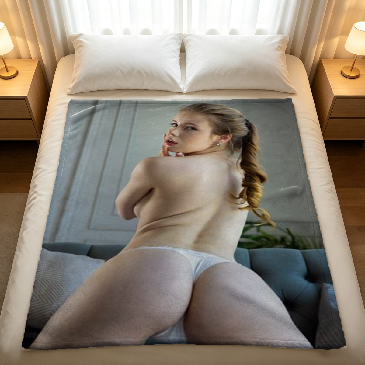 A woman in a white sheer dress leaning on a windowsill. - Blanket
