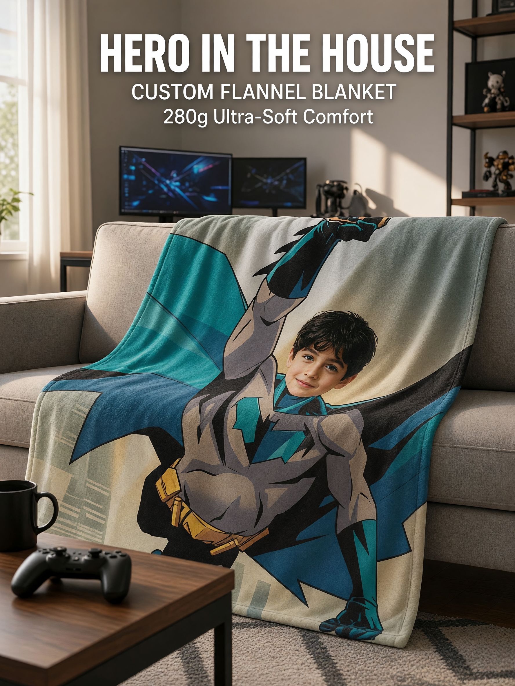 Custom Photo Superhero Blanket Personalized Face Avatar Flannel Throw Blanket for Bed Couch Ideal Keepsake Gift