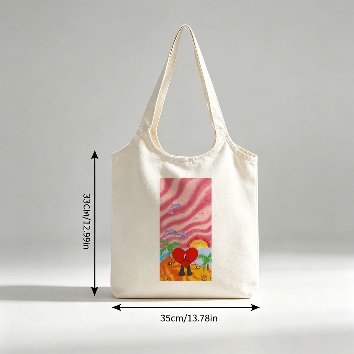 Heart Character on Tropical Beach with Dolphins and Sunset - Canvas shoulder bags/