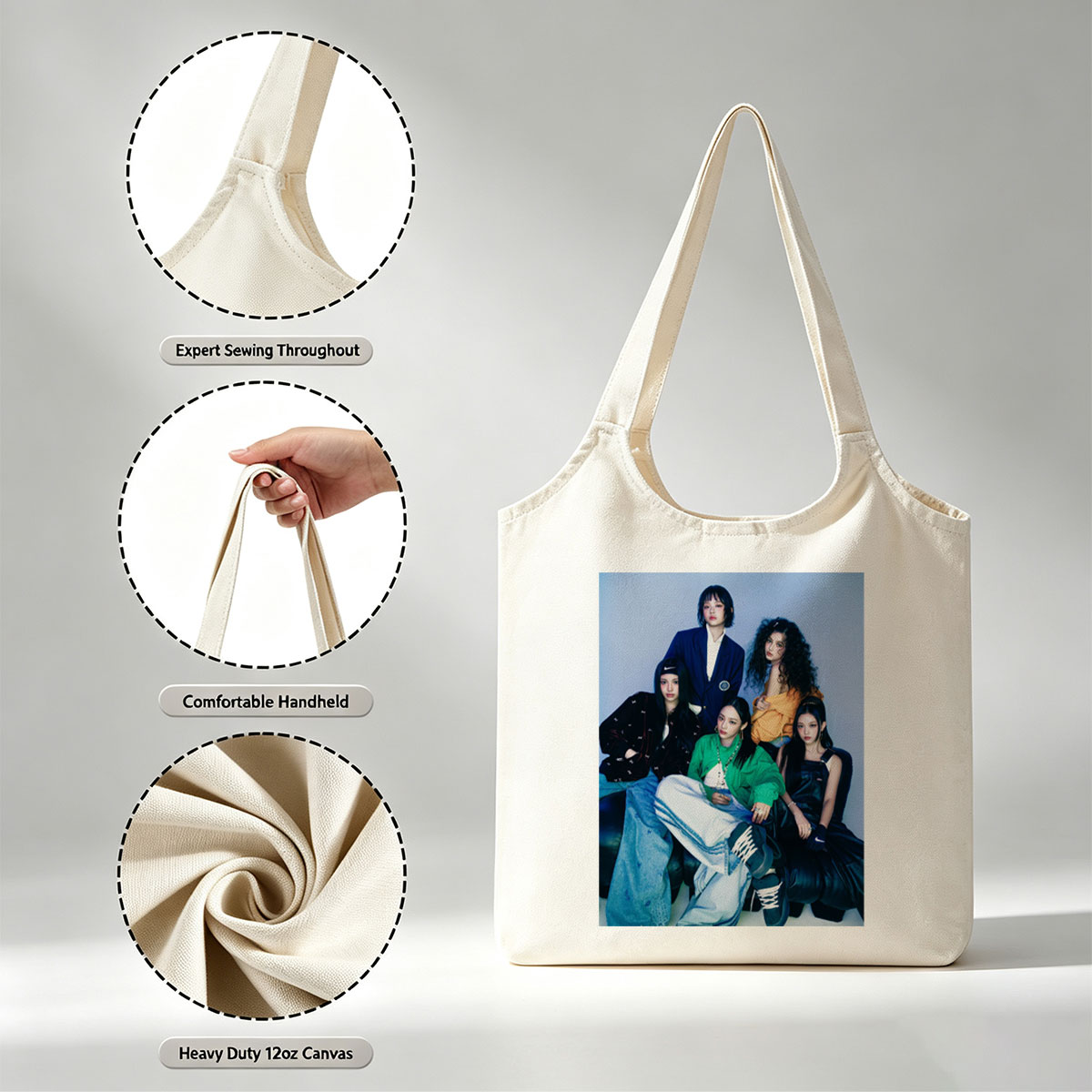 NewJeans Group Photo - Five Members in Stylish Outfits Posed Against a Blue Background - Canvas shoulder bags/