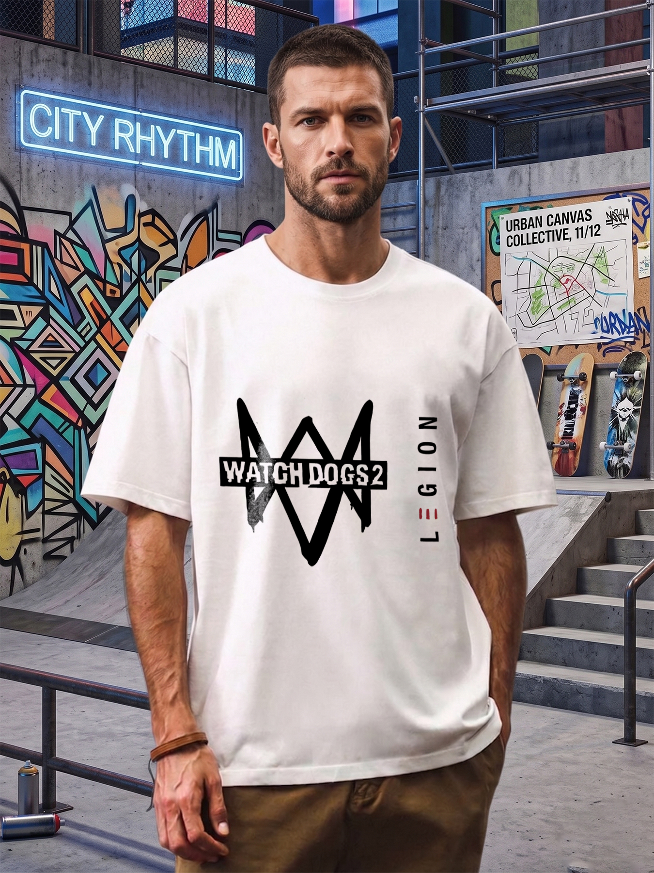 Men's Watch Dogs 2 Logo Print T-Shirt Casual Round Neck Lightweight Breathable Summer Short Sleeve Tee for Gaming Fans and Tech Enthusiasts