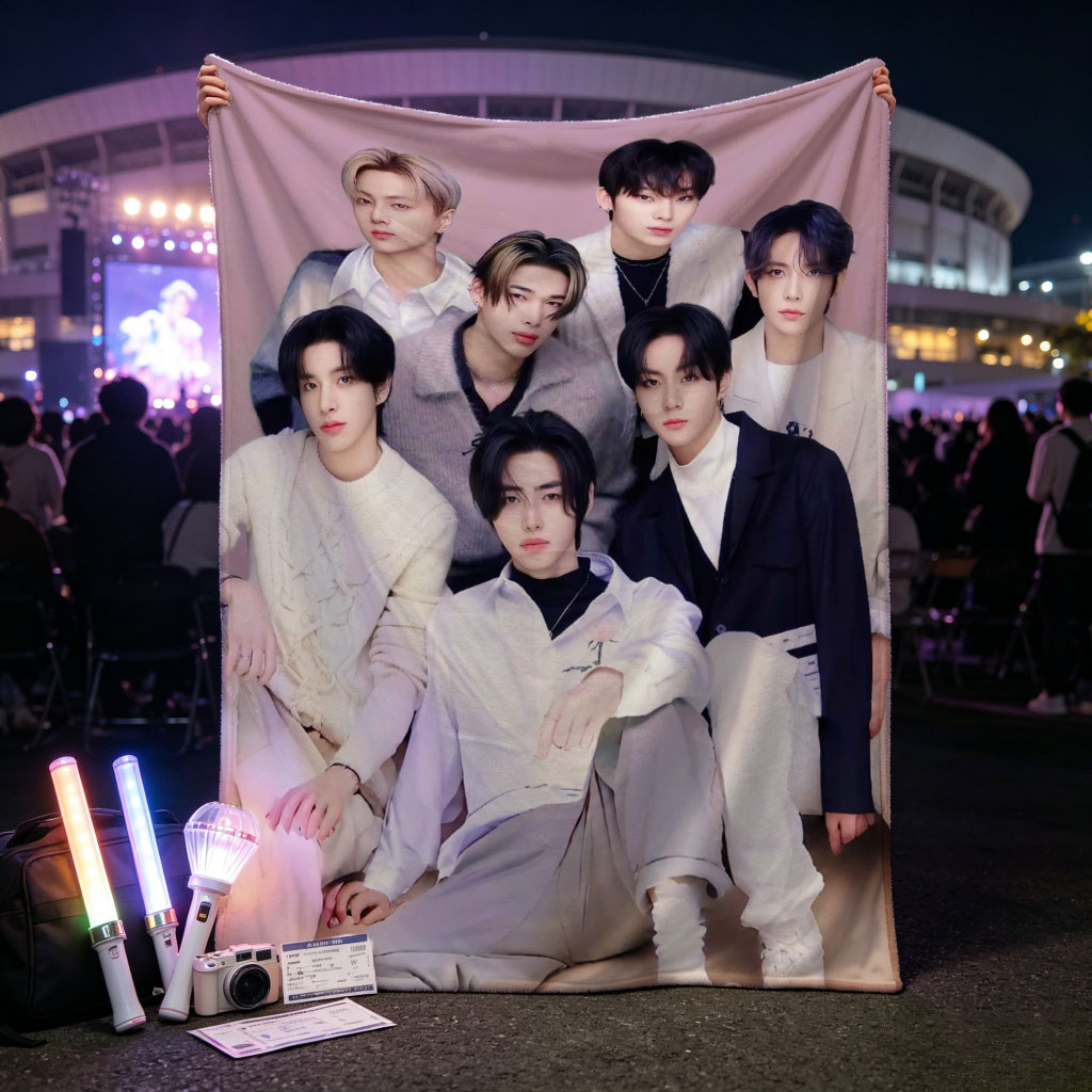 ENHYPEN Group Photo in Stylish Outfits Against Soft Pink Background - Blankets