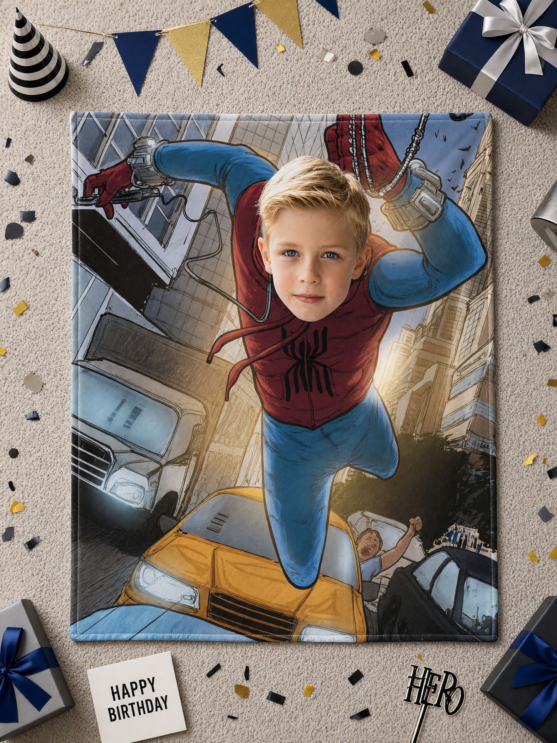 Custom Photo Face Superhero Flannel Blanket, Ultra Soft Fleece Throw for Kids Bed and Sofa, Personalized Gift
