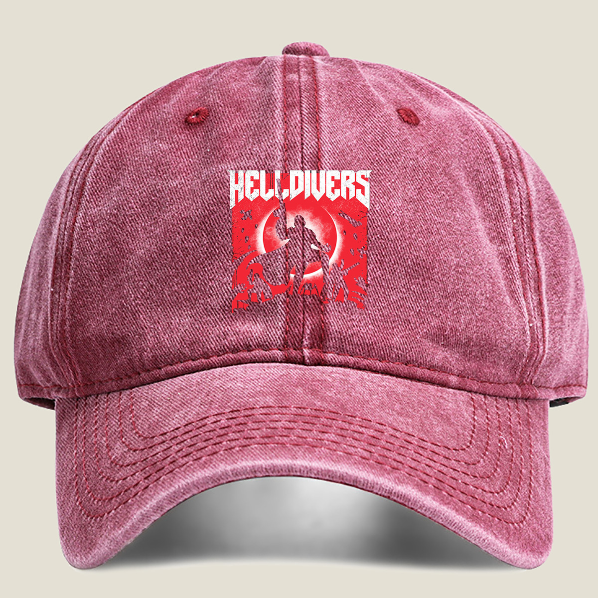 Helldivers: Silhouetted Warriors Against a Crimson Sky - Washed Denim - Baseball Cap