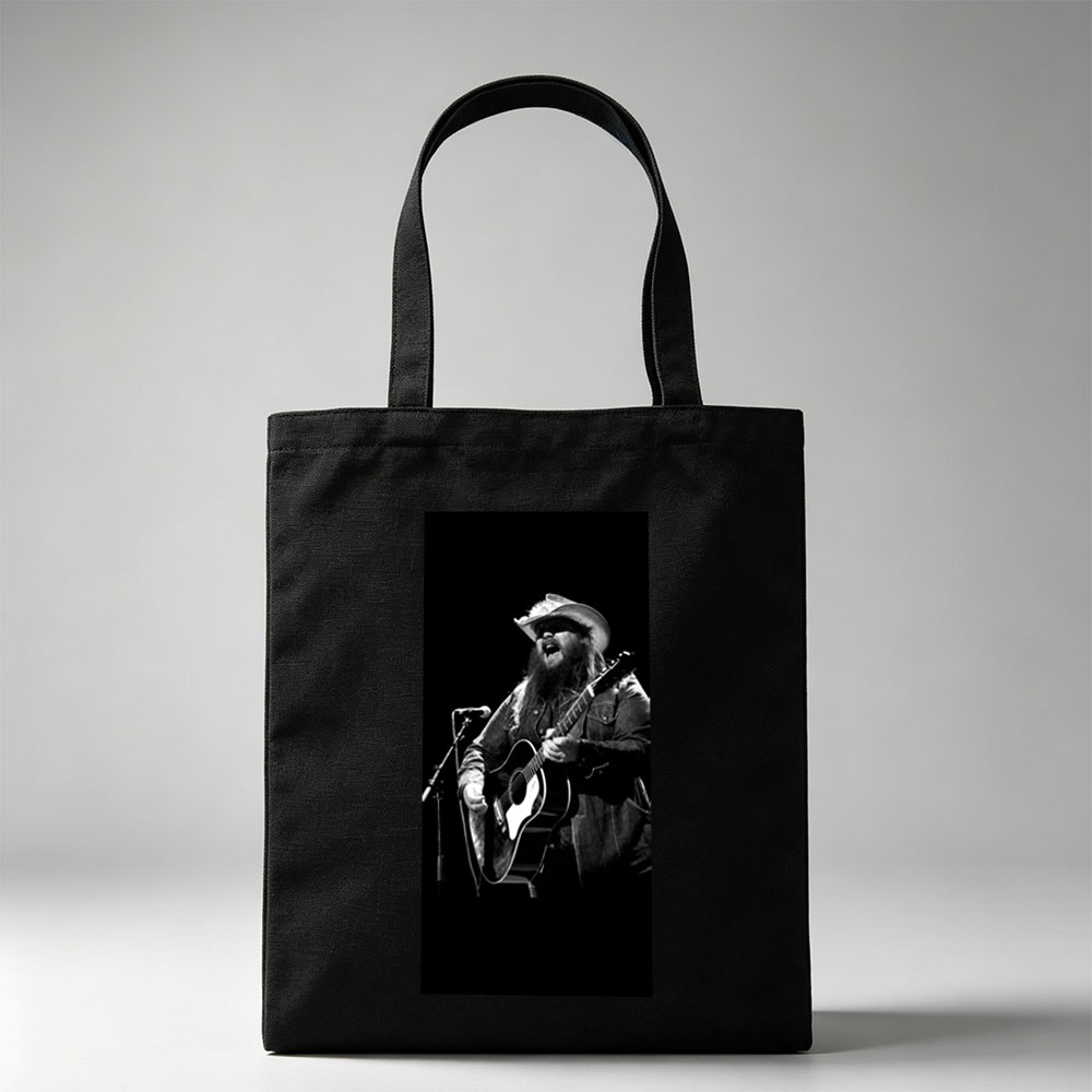 Chris Stapleton Performing on Stage with Acoustic Guitar in Black and White - Canvas tote bags
