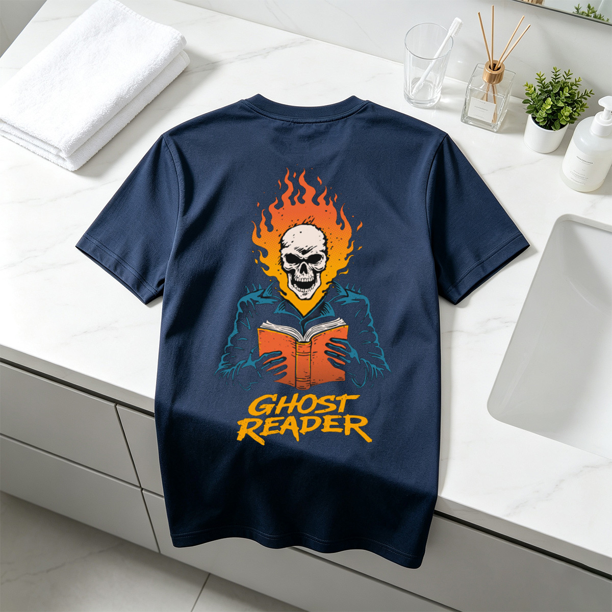 Ghost Reader: Skull with Flames Reading a Book - Tee