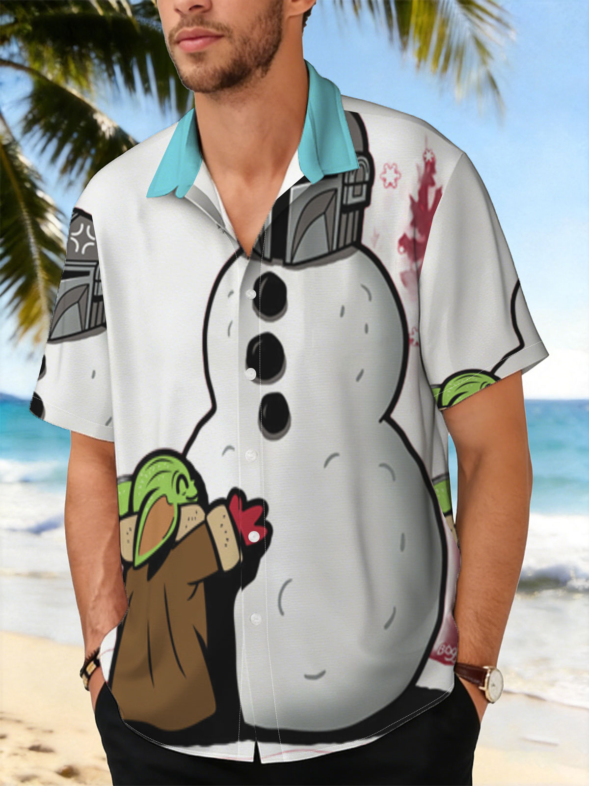 Baby Yoda Builds a Snowman with Mandalorian Helmet -  Shirt