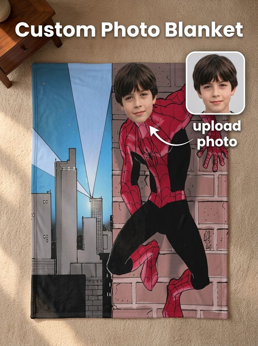 Custom Face Photo Superhero Flannel Blanket Soft Personalized Throw for Bed and Sofa Ideal Gift for Kids and Family
