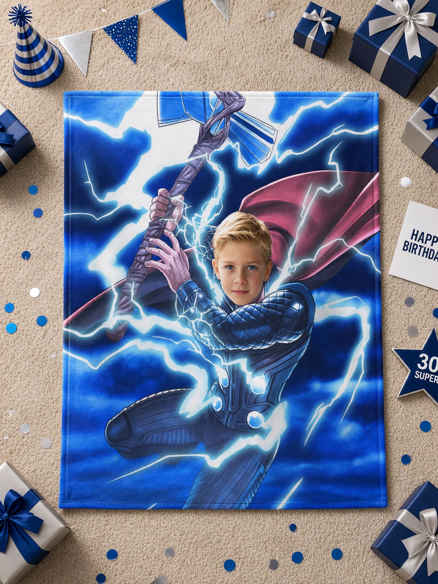 Custom Face Superhero Flannel Blanket, Personalized Photo Lightning Throw for Kids, Soft Cozy Bed Couch Gift