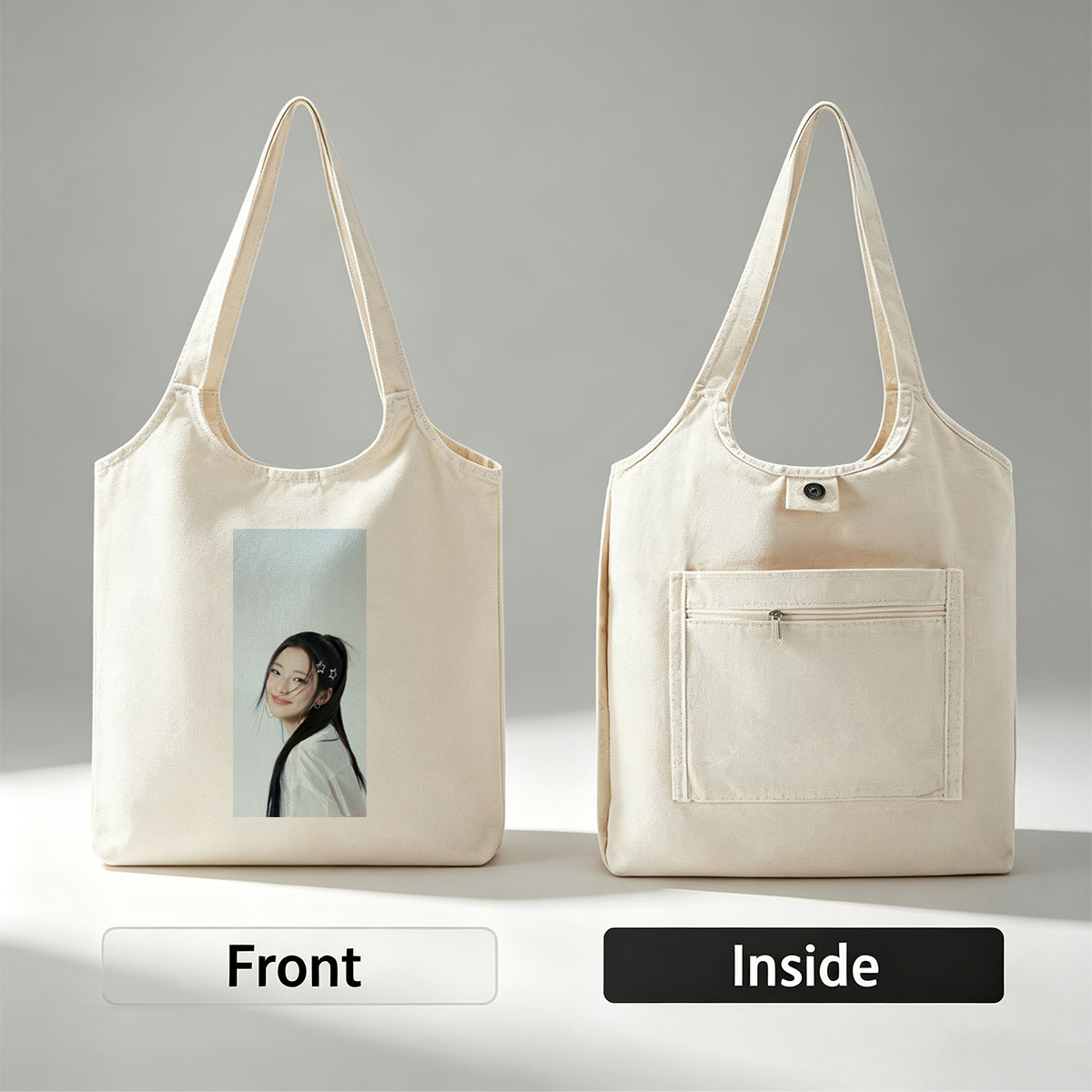 Korean Actress in White Outfit with Star Hair Clips Smiling Softly Against Light Blue Background - Canvas shoulder bags/